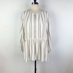 FEVER Tan Ivory Striped Peasant Tunic Shirt Blouse Womens Relaxed Size Large NWT